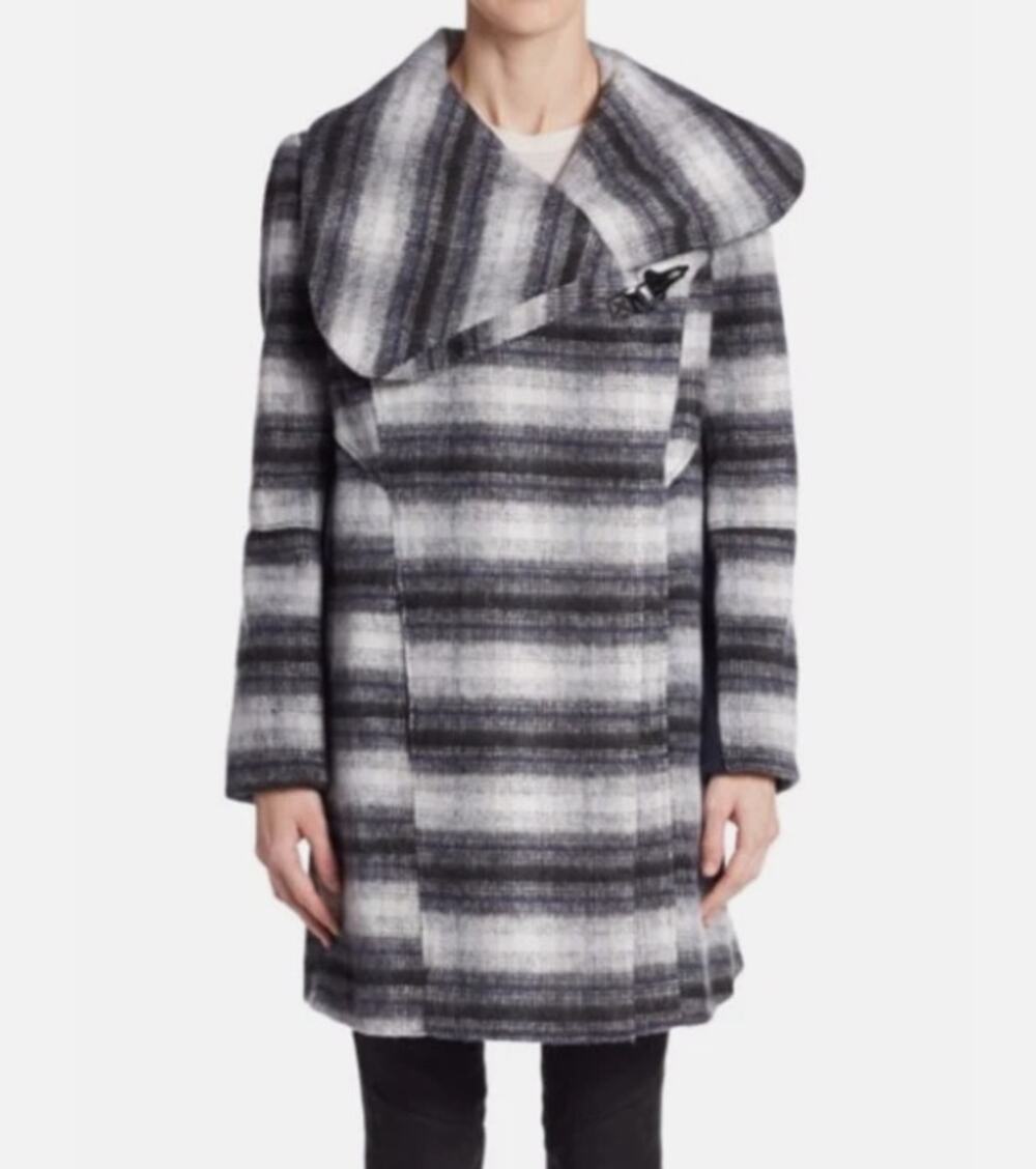 Sam Edelman Sz S Striped Wool Wrap Coat Oversized Shawl Collar Black Gray